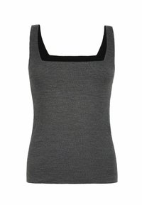 Szary top na ramiączkach z kwadratowym dekoltem; wykonany z miękkiego, elastycznego materiału; delikatna faktura z czarną lamówką wokół szyi.