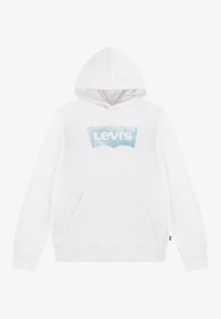 Sudadera blanca de algodón con un bolsillo canguro en el frente. Presenta un logo azul de Levi's en el pecho. Ajuste estándar con capucha.
