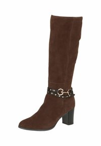 Brown suede knee-high boot with a pointed toe, block heel, and a black strap detail featuring metal accents and studs.