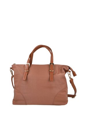 Bolso de mano de cuero marrón con dos asas cortas, correa de hombro ajustable y detalles de hebilla en tono dorado, mostrado sobre un fondo blanco.