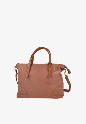 Bolso de mano de cuero marrón con dos asas cortas, correa de hombro ajustable y detalles de hebilla en tono dorado, mostrado sobre un fondo blanco.