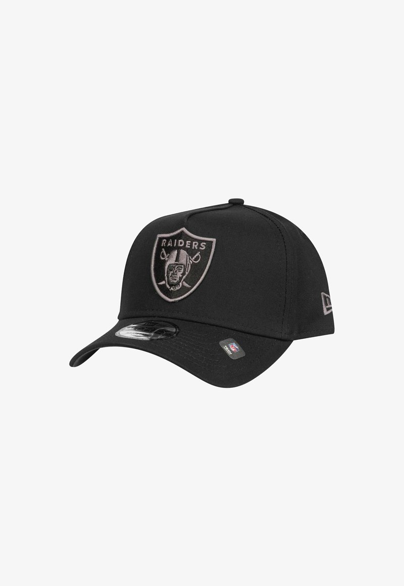 Black baseball cap with a structured design, featuring an embossed Raiders logo on the front and a flat brim. Synthetic fabric.