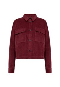 Burgundy corduroy jacket featuring a collared neckline, front button closure, two chest pockets, and long sleeves.