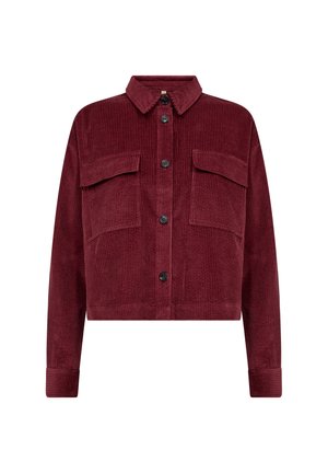 Burgundy corduroy jacket featuring a collared neckline, front button closure, two chest pockets, and long sleeves.