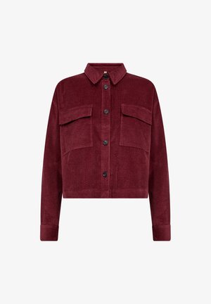 Burgundy corduroy jacket featuring a collared neckline, front button closure, two chest pockets, and long sleeves.