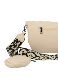 Borsa a tracolla beige con trama, dotata di zip frontale e tracolla regolabile staccabile a motivo nero-beige, con un piccolo pouch coordinato attaccato.