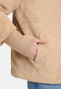 Giacca in pelliccia sintetica beige con una texture morbida; presenta polsini a costine e una tasca frontale. Il design è oversize e casual.