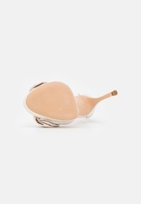 Nude high-heeled shoe with a smooth suede finish, pointed toe, and slender stiletto heel; the sole features a light, matte texture.
