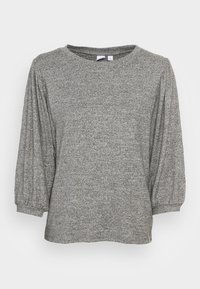 Grau strukturierter Pullover mit dreiviertellangen Puffärmeln, rundem Halsausschnitt und lässiger Passform. Keine sichtbaren Muster oder Akzente.