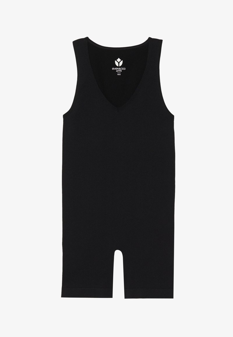 Tuta nera senza maniche con scollatura a V, texture a coste e pantaloni corto fino al ginocchio. Design semplice senza motivi o accenti aggiuntivi.