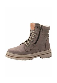 Graue Leder-Stiefeletten mit einer robusten Sohle, dekorativen Schnürsenkeln, einem seitlichen Reißverschluss und einem Logo-Patch aus beigem Leder.