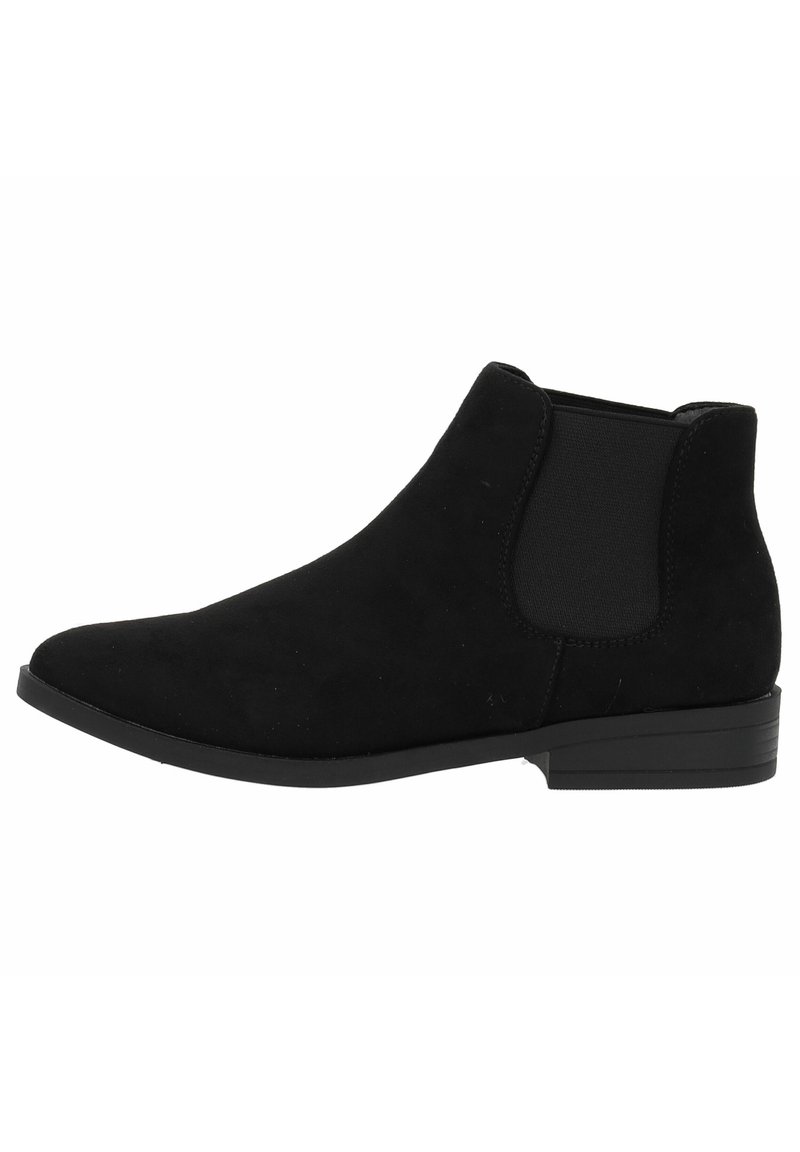 Botín de ante negro hasta el tobillo con paneles laterales elásticos y un tacón bajo. Presenta una silueta elegante y una textura suave, adecuada para un estilo versátil.