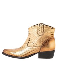 Gold metallic ankle boot with embossed scale pattern, stitched detailing, and a low stacked heel.