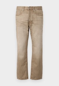 Beige denim jeans met een recht model, voorzien van vijf zakken, een knoopsluiting en subtiele vervaging langs de stof.