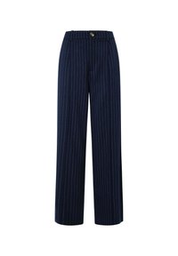 Pantalones de pierna ancha en navy con rayas verticales blancas, que cuentan con cierre de botón, trabillas para cinturón y un diseño entallado. Textura de tela suave.
