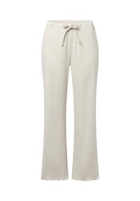 Lichtgrijze loungebroek met een geribbeld patroon, taillewijdte met trekkoord en uitlopende pijpen. Zacht, rekbaar materiaal met een relaxte pasvorm.