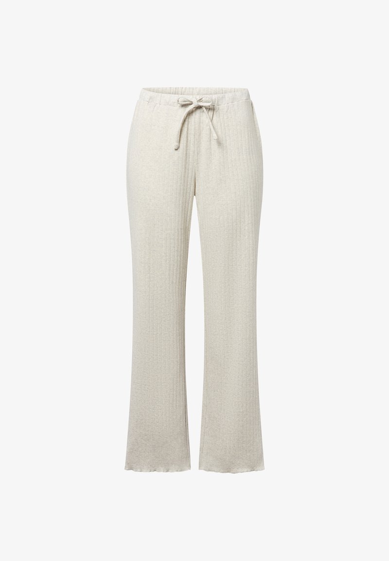 Pantalon de lounge gris clair avec une texture côtelée, taille à cordon, et jambes évasées. Tissu doux et extensible avec une coupe décontractée.