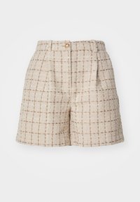 Beżowe szorty z tkaniny w kratkę, z dopasowanym krojem, z przodu z fałdami oraz zapięciem na złoty guzik w talii.