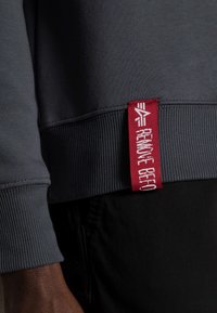 Sudadera gris con puños y dobladillo acanalados. Presenta una etiqueta roja con texto y logotipo en blanco. Se ven toques de tela negra debajo.