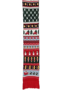 Sciarpa di Natale lavorata a maglia colorata con motivi di alberi, camion, funghi, pupazzi di neve, soldatini, uomini di pan di zenzero e Babbo Natale con renne.