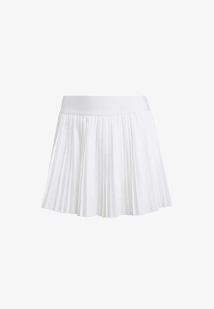 Pleated white skirt with a wide elastic waistband and flowing material, featuring neat and even vertical folds throughout its length.