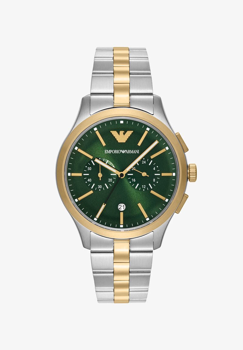 Reloj de pulsera bicolor, plata y oro, con esfera verde, marcadores dorados, dos subesferas, ventana de fecha y logo de Emporio Armani en la parte superior central.