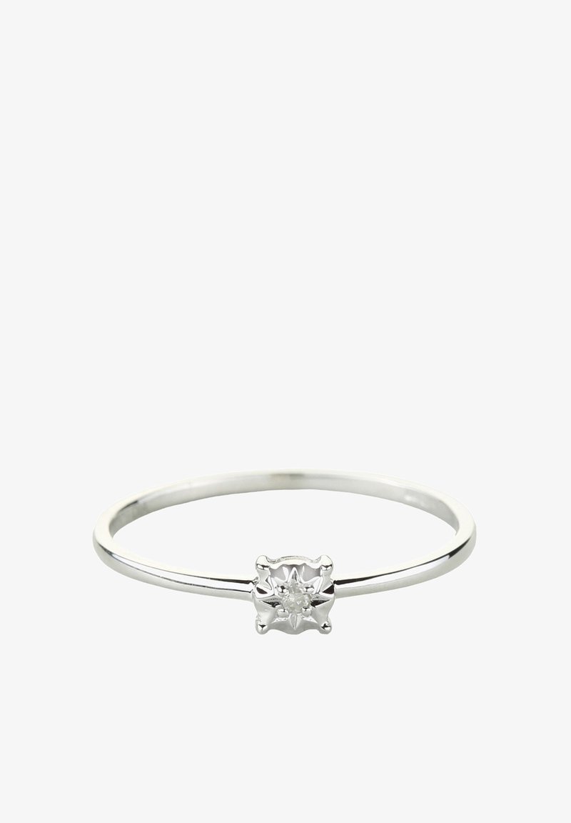 Strieborný prsteň s tenkým pásikom, s centrálnym hviezdicovým osadením, v ktorom sa nachádza jediný drahokam. Lesklý povrch.