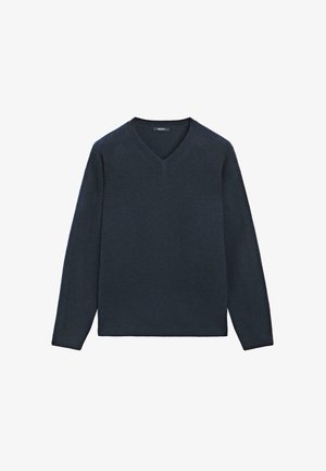 Marinblå V-ringad tröja gjord av mjukt material, med långa ärmar och en slät textur, med en låg skärning i halsen och ribbade manschetter.