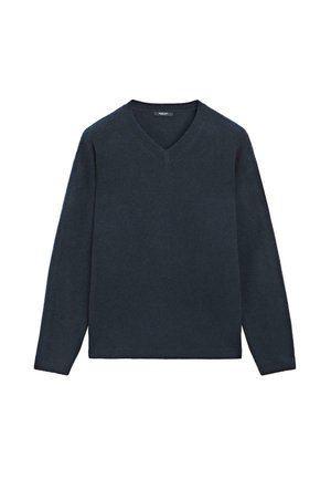 Námořnický modrý svetr s výstřihem do V vyrobený ze měkkého materiálu, s dlouhými rukávy a hladkou strukturou, s nízkým výstřihem a žebrovanými manžetami.