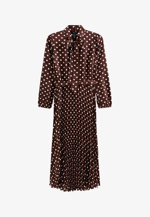 Brown polka dot dress with long sleeves, tie collar, pleated skirt, and a matching belt. Made of smooth fabric with white circular patterns.