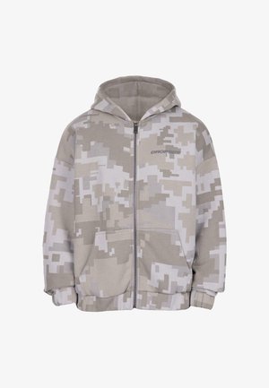 Huppari, jossa on harmaa ja beige digitaalinen camouflage-kuvio, vetoketju edessä, etutaskut ja "DROPSIZE"-logo rinnassa, esitetty valkoista taustaa vasten.