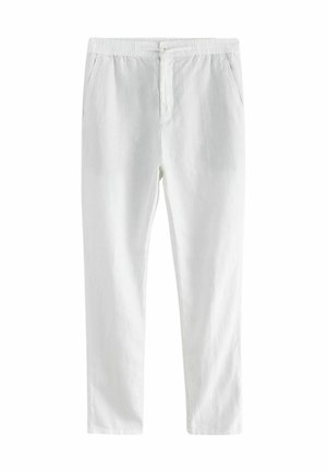 White linen trousers with a relaxed fit, featuring an elasticized waistband, front pockets, and a button closure. Smooth, lightweight fabric.