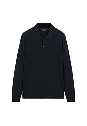 Marineblå langærmet polo shirt lavet af blødt stof, med en klassisk krave og tre-knaps lukning. Glat struktur uden synlige mønstre.