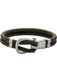 Brown braided rope bracelet featuring a silver-tone metal clasp with a logo, showcasing a simple yet sturdy design.