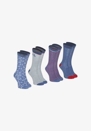 Quatre paires de chaussettes : bleues avec motif de vélo, grises, bleues avec rayures rouges, bleues unies avec des orteils rouges. Mélange de coton, longueur mi-mollet, bords côtelés.