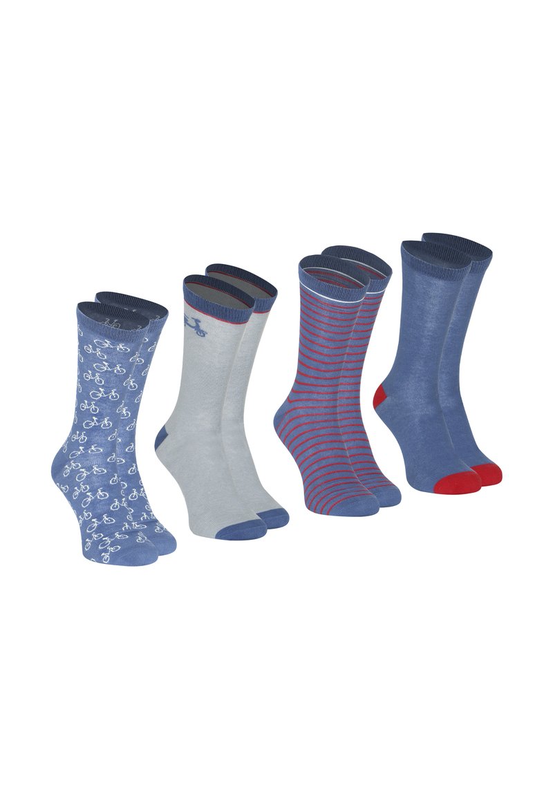 Quatre paires de chaussettes : bleues avec motif de vélo, grises, bleues avec rayures rouges, bleues unies avec des orteils rouges. Mélange de coton, longueur mi-mollet, bords côtel és.