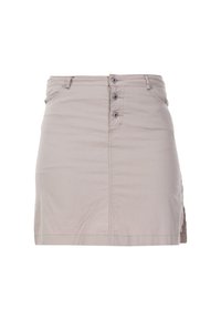 Beige cotton mini skirt with a straight cut, featuring a front button closure and two side pockets. Smooth texture and simplistic design.
