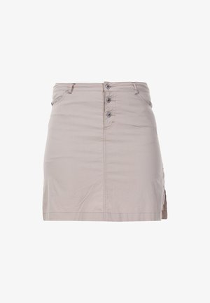 Beige puuvillane mini-seelik, otse lõikega, millel on esine nupuga sulgemine ja kaks küljetaskut. Sile tekstuur ja lihtne disain.