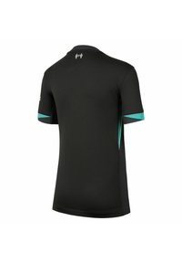 Svart t-shirt med kort ärm och figursydd design. Har turkosa detaljer på ärmar och sidor. Tillverkad av ett mjukt, luftigt tyg. Enkel krage.