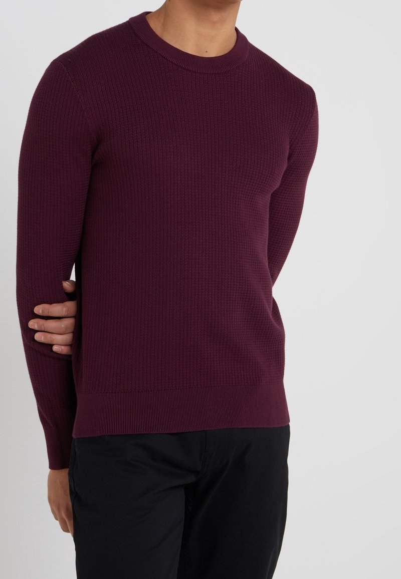 Homme portant un pull en tricot violet foncé à manches longues avec un col rond et un pantalon noir sur un fond uni.