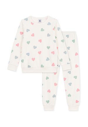 Set pigiama bianco per bambini a manica lunga con motivi a cuori multicolore rosa, verde e blu su maglia e pantaloni.