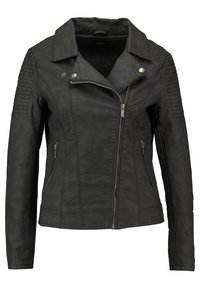 Czarna skórzana kurtka o dopasowanym kroju, z wyraźnymi klapami, pikowanymi akcentami na ramionach i dwoma bocznymi kieszeniami na zamek.