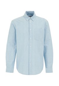 Lichtblauwe button-up shirt gemaakt van een textuurstof. Bevat een kraag, lange mouwen en een enkele borstzak.