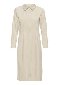Rochie din catifea ușoară, bej deschis, cu mâneci lungi, guler, fermoar frontal și textură verticală cu dungi.