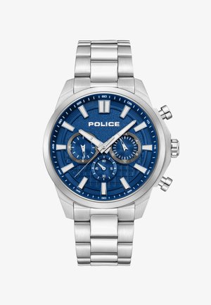 Orologio da polso in metallo argento con quadrante blu, tre sottocronografi, indici a bastone e logo "POLICE" sotto le 12.