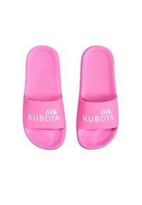 Pink slide sandals with a textured, rubberized surface and a wide strap displaying the logo "KUBOTA" in white. Features a simple, open-toed design.