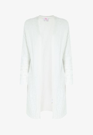 Langer, offener Cardigan in Weiß, aus weichem, strukturiertem Material. Mit 3/4-Ärmeln und einem minimalistischen Design ohne Verschlüsse.