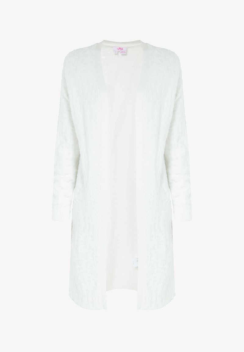 Hosszú, nyitott frontú kardigán fehér színben, puha, texturált anyagból készült. 3/4-es ujjakkal és minimalista dizájnnal rendelkezik, zárószerkezet nélkül.
