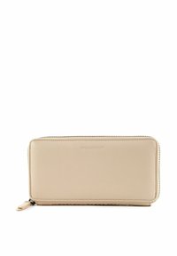 Portefeuille en cuir beige à texture lisse, fermeture éclair tout autour et logo de la marque embossé sur le devant. Forme rectangulaire.