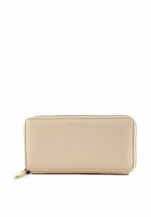 Portefeuille en cuir beige à texture lisse, fermeture éclair tout autour et logo de la marque embossé sur le devant. Forme rectangulaire.